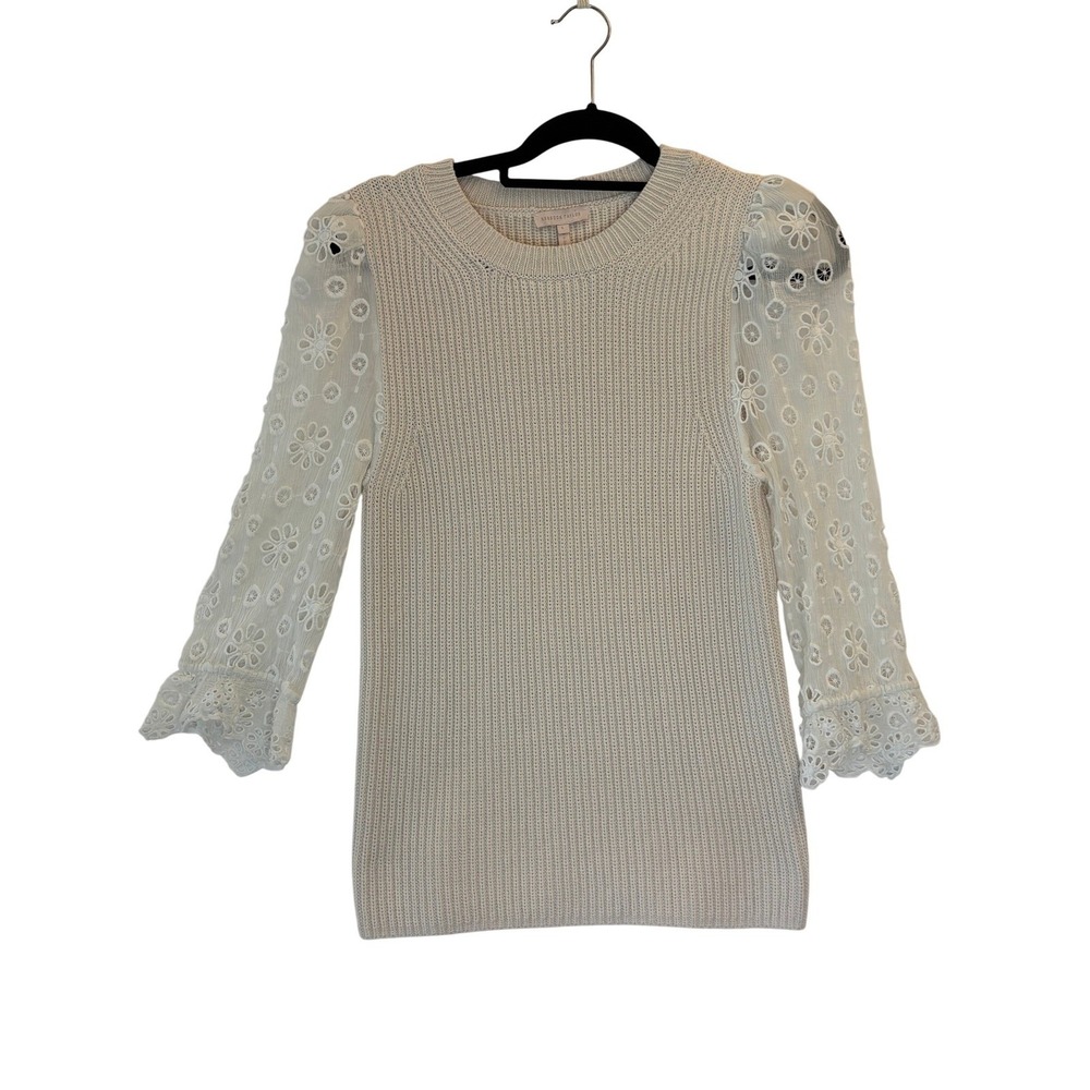 Rebecca Taylor Eyelet Lace Sleeve Sweater L Womens Cream Excellent Ribbed Knit